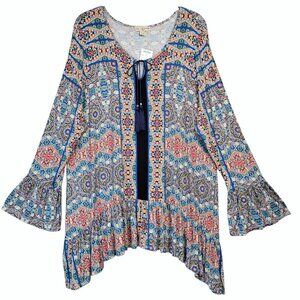 Live & Let Live Top Women's 2X Boho Tassel Ties Long Flare Sleeve Hippie Peasant
